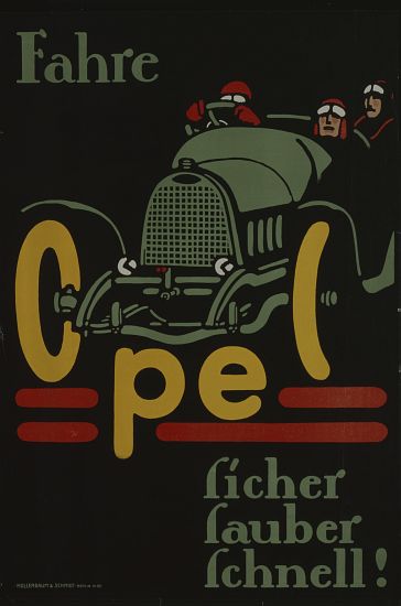 German advertisement for Opel car manufacturer, printed by Hollerbaum und Schmidt, Berlin a German School, (20th century)