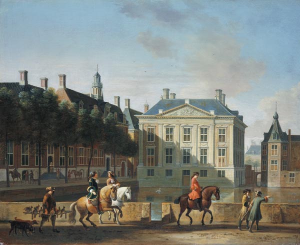 The Mauritshuis from the Langevijverburg, the Hague, with hawking party in the foreground a Gerrit Adriaensz Berckheyde