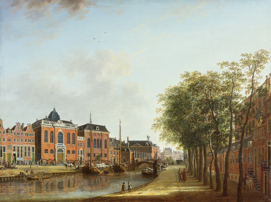 View of the Kloveniersburgwal in Amsterdam, with the Waag, and barge moored in the front of Trippenh a Gerrit Adriaensz Berckheyde