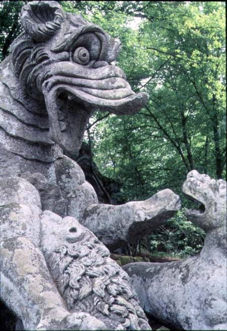 Monsters fighting, stone sculpture in the Parco dei Mostri (Monster Park), gardens laid out between a Giacomo Barozzi  da Vignola