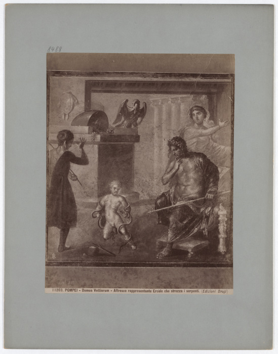Pompeii: Domus Vettiorum, Fresco representing Hercules choking snakes, No. 11203 a Giacomo Brogi
