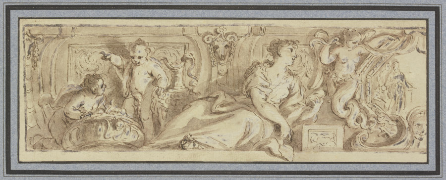 Friesartiges Ornament mit einer liegenden weiblichen Figur, zu ihren Füssen zwei Amoretten bei große a Giambattista Zelotti