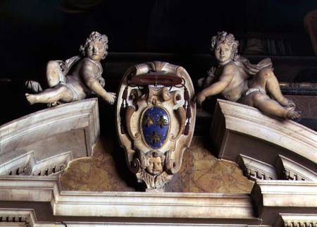 Interior view of the Barberini Chapel, detail of decorative pediment of two cherubs supporting a coa a Gianlorenzo Bernini