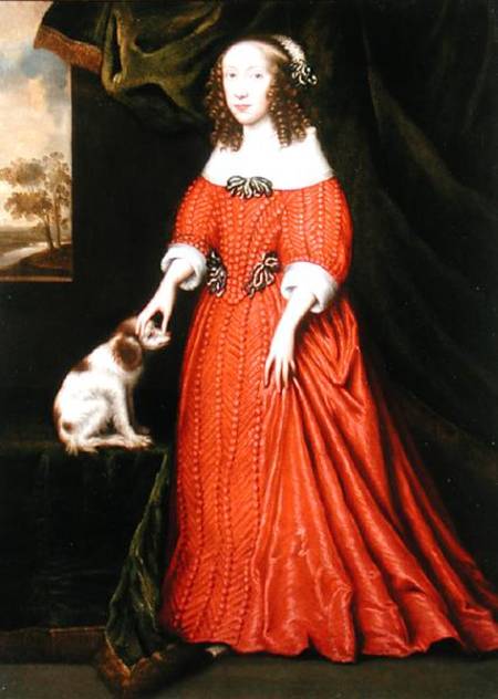 Portrait of a Young Lady in a Red Dress with a pet Spaniel a Gilbert Jackson