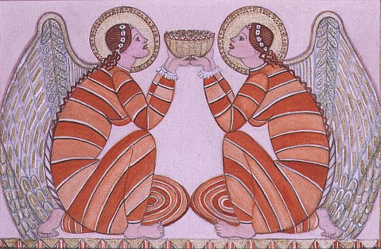 Two angels holding a bowl, 1995 (w/c)  a  Gillian  Lawson