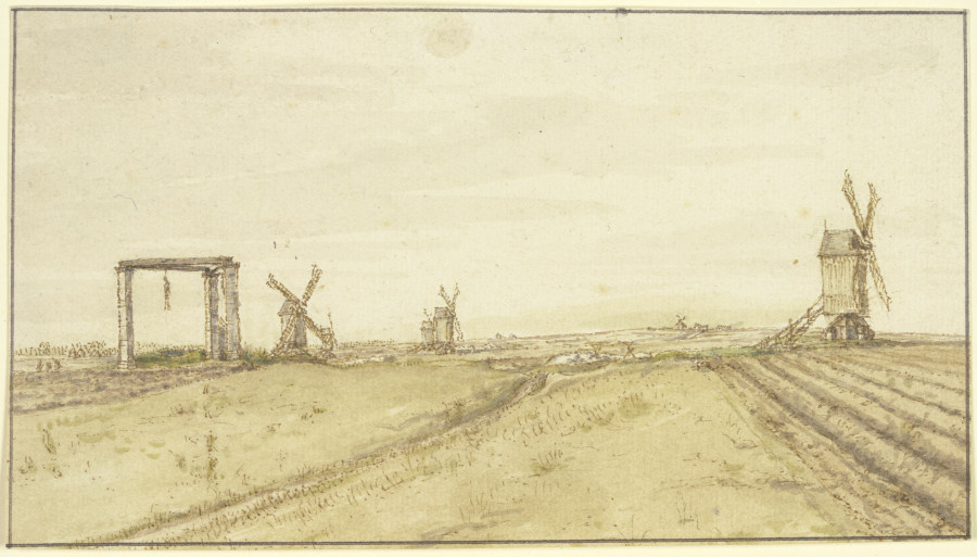 Flache Landschaft mit Windmühlen und Galgen a Gillis Neyts