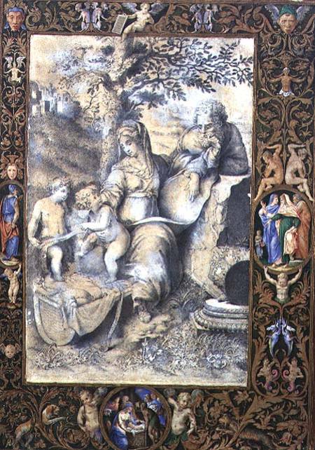 Border of an Illuminated Manuscript surrounding a drawing after Raphael's The Holy family under the a Giorgio Giulio Clovio