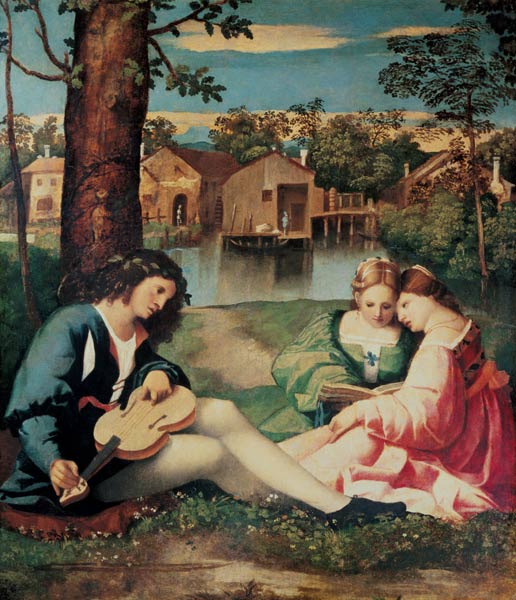 Youth with a guitar and two girls sitting on a river bank a Giorgione