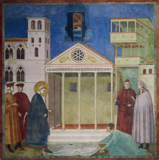 Ein einfacher Mann huldigt dem hl. Franziskus auf dem Marktplatz von Assisi a Giotto di Bondone