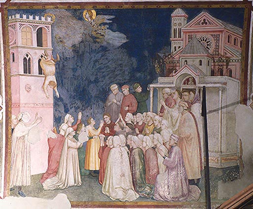 Der hl. Franziskus erweckt einen aus dem Fenster gestuerzten Knaben wieder zum Leben a Giotto di Bondone