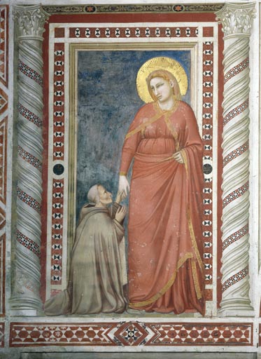 Der Bischof Teobaldo Pontano im Pilgergewand vor der hl. Maria Magdalena kniend a Giotto ( Scuola )