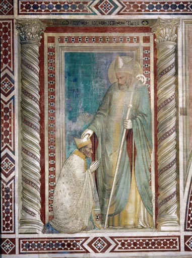 Der hl. Rufinus setzt dem Bischof Teobaldo Pontano die Mitra auf das Haupt a Giotto ( Scuola )