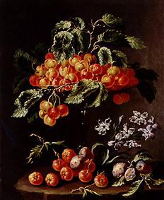 Glass essay with cherries and flowers a Giovan Lo Spadino Castelli