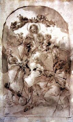 Virgin and Child with St. Dominic, St. Theresa and St. Coribian, c.1745 (brown wash over red chalk) a Giovanni Antonio Guardi