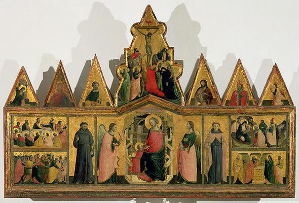 Polyptych: central panel depicting the Madonna and Child Enthroned with Angels and Saints surrounded a Giovanni Baronzio da Rimini