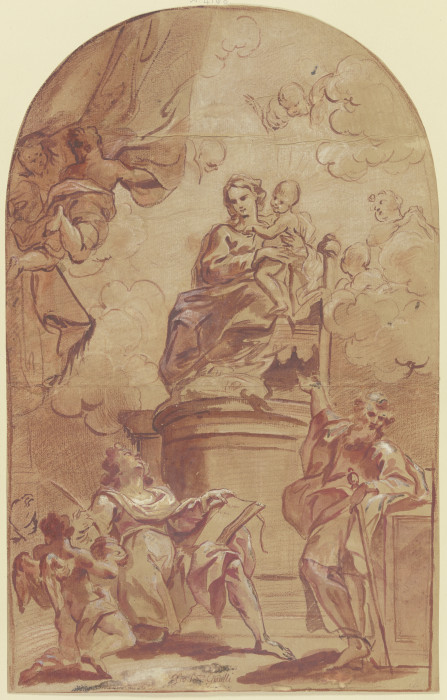 Maria auf dem Throne, dabei der Heilige Paulus und der Heilige Matthäus mit dem Engel a Giovanni Battista Gaulli