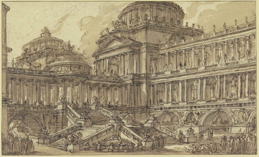 Großartiges Gebäude mit Kuppel, Säulenhallen und vielen Treppen und Figuren a Giovanni Battista Piranesi