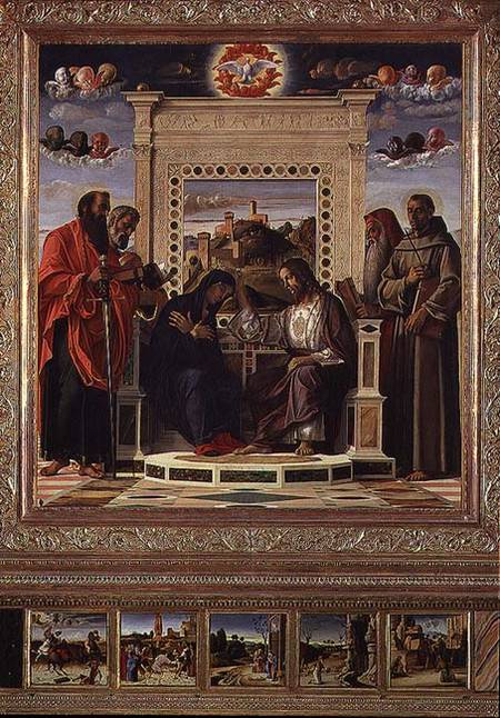 Coronation of the Virgin with SS. Paul, Peter, Jerome and Francis of Assisi with scenes from the liv a Giovanni Bellini