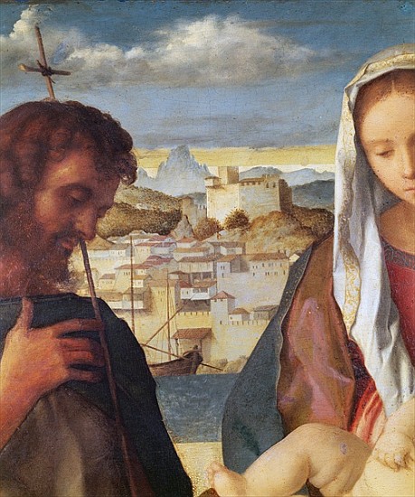 Madonna and Child with St.John the Baptist and a Saint, detail of the background waterside city, c.1 a Giovanni Bellini