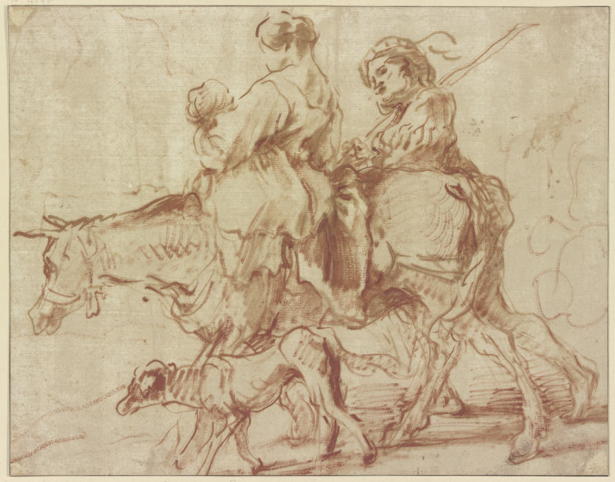 Frau mit Kind auf einem Esel reitend, ein junger Mann zu Fuß nebenher gehend a Giovanni Benedetto Castiglione