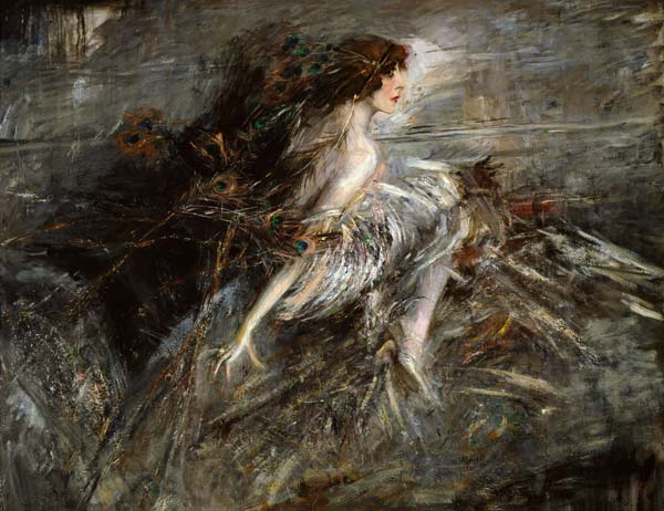 Portrait of the Marquise with peacock pens a Giovanni Boldini