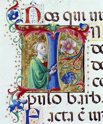 Ms 542 f.44v Historiated initial 'I' depicting a male saint from a psalter written by Don Appiano fr a Giovanni di Guiliano Boccardi