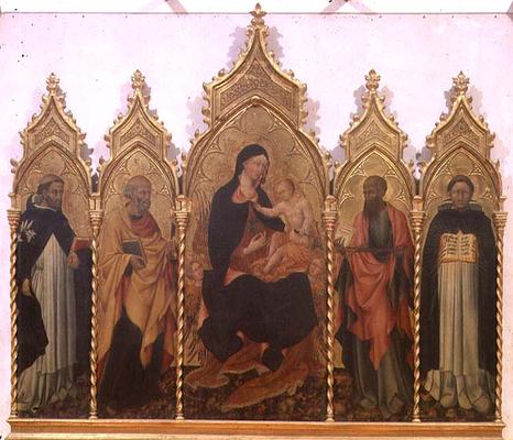 Madonna and Child with SS. Dominic, Peter, Paul and Thomas Aquinas, altarpiece, 1445 (tempera on pan a Giovanni  di Paolo di Grazia