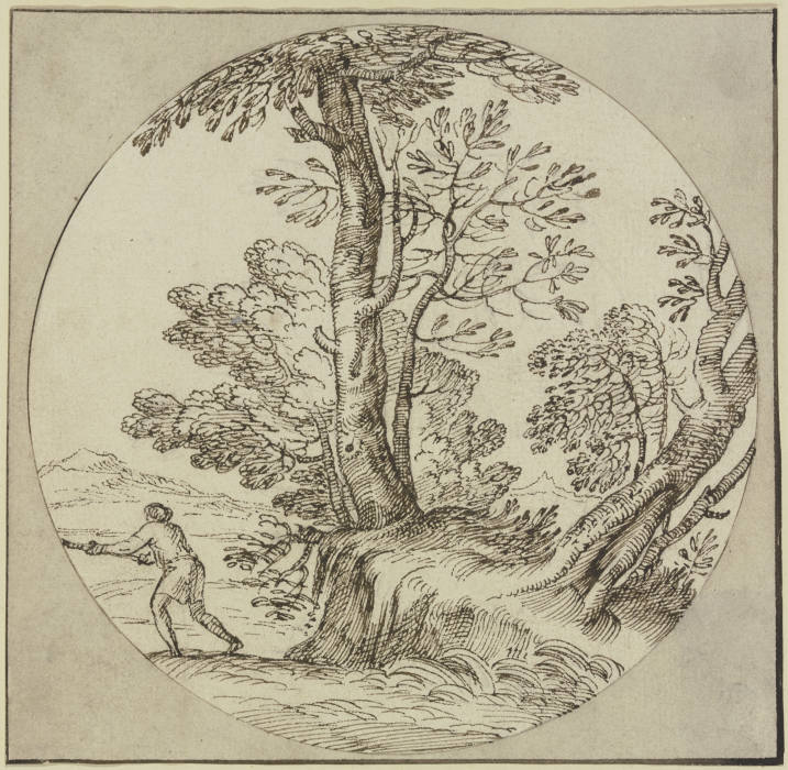Baumpartie am Wasser, ein Mann nach links a Giovanni Francesco Grimaldi