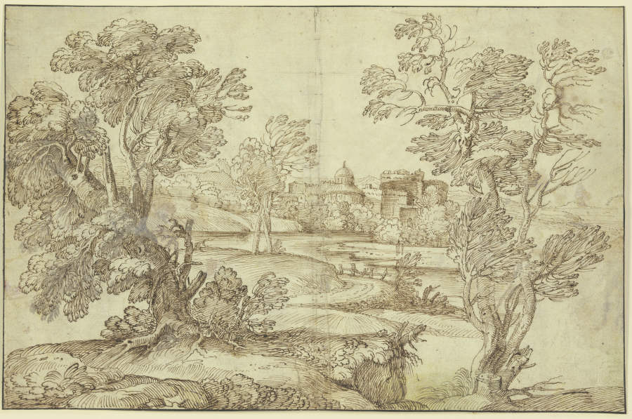 Landschaft mit Wasser, Baumgruppen und Gebäuden a Giovanni Francesco Grimaldi