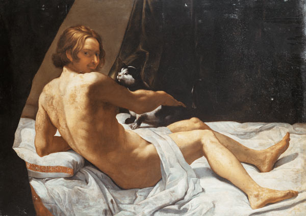 Young Man Lying on a Bed with a Cat a Giovanni Lanfranco