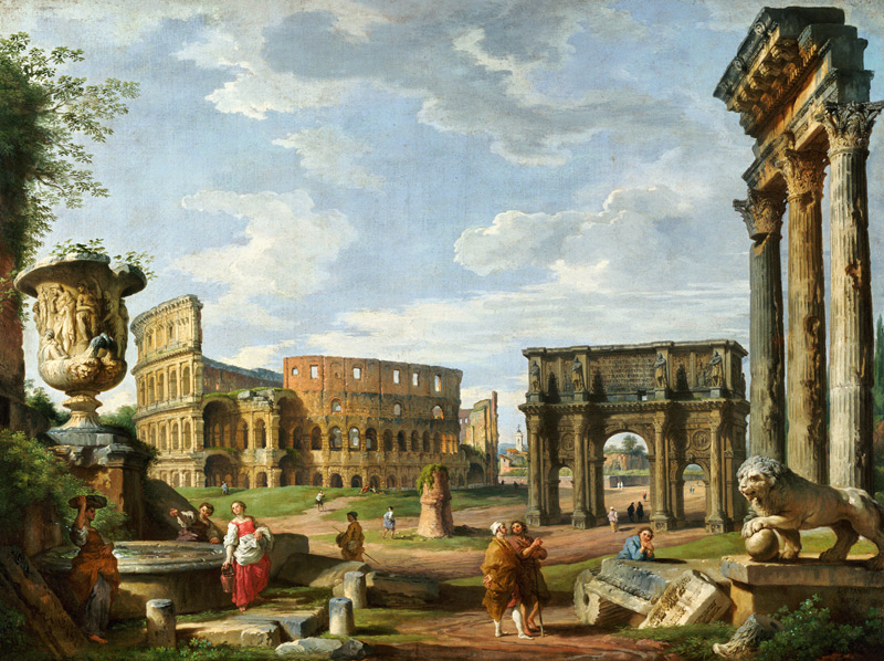 Capriccio panoramico di Roma con il Colosseo,l'Arco di Costantino e il Tempio di Castore e Polluce a Giovanni Paolo Pannini