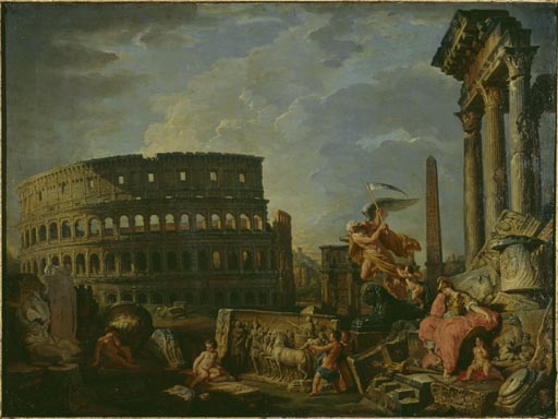 Ruinenlandschaft mit Kolosseum und Konstantinsbogen und Allegorie auf den Untergang des Roemischen R a Giovanni Paolo Pannini