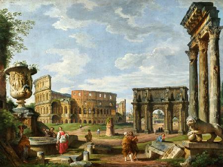 Capriccio panoramico di Roma con il Colosseo,l'Arco di Costantino e il Tempio di Castore e Polluce