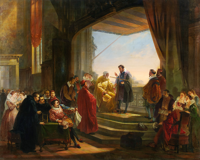 Galilei macht vor dem Dogen Leonardo Donato und dem Senat von Venedig den ersten Versuch mit Telesko a Giovanni Servi