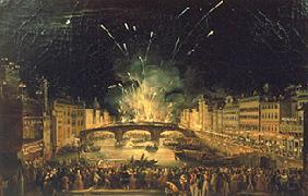 Feuerwerk über der Ponte alla Carraia in Florenz am Feste Johannes d. Täufers.