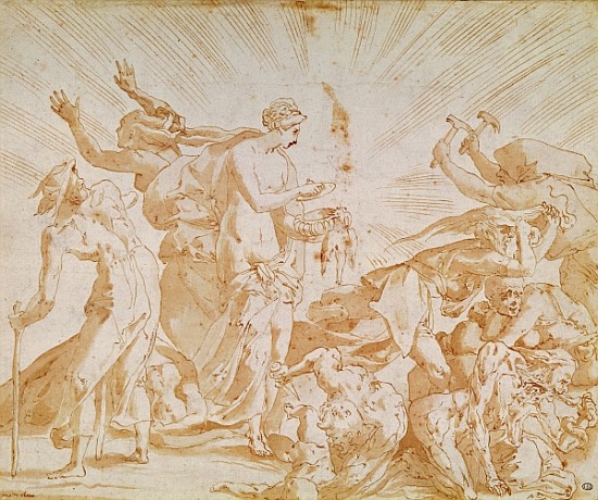 Pandora opening the box (pen, ink & wash on paper) a Giovanni Battista Rosso Fiorentino