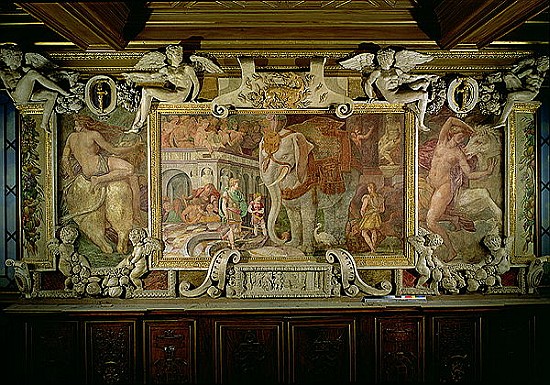 The Triumphal Elephant, an allegorical tribute to Francis I, detail of decorative scheme in the Gall a Giovanni Battista Rosso Fiorentino