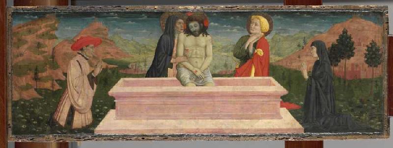Imago pietatis mit Maria und Johannes und einem Stifterpaar. a Giovanni Francesco da Rimini