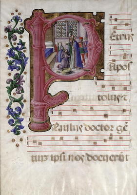 Historiated initial 'P' depicting the Baptism of Constantine (c.274-337) from a Lombardian antiphona a Girolamo  da Cremona