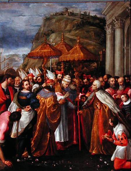 Pope Alexander III (1105-81), Emperor Frederick Barbarossa (c.1123-90) and Doge Sebastiano Ziani (c. a Girolamo Gambarato
