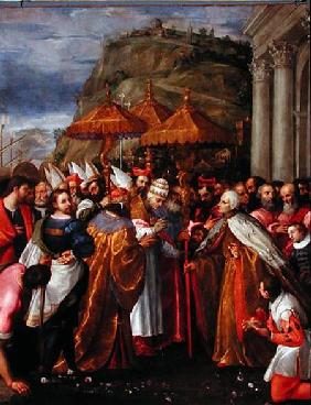 Pope Alexander III (1105-81), Emperor Frederick Barbarossa (c.1123-90) and Doge Sebastiano Ziani (c.