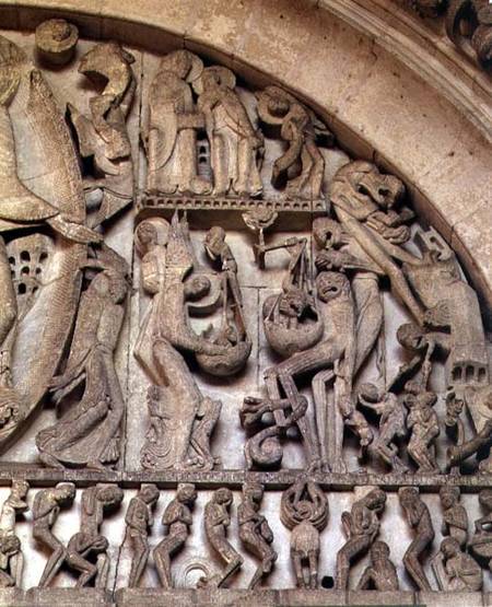 West Portal, detail of the Last Judgement, right hand side depicting the Weighing of Souls a Gislebertus