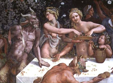 Two Horae scattering flowers, watched by two satyrs, detail of the rustic banquet celebrating the ma a Giulio Romano