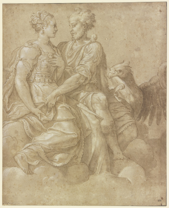 Jupiter und Juno einander anblickend, mit dem Adler auf Wolken sitzend a Giulio Romano