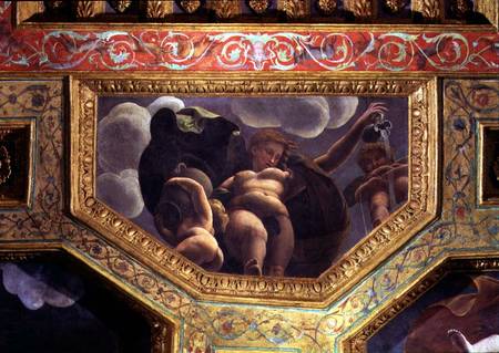 A nymph pouring water from a jug, a putto urinating and another putto holding an urn, ceiling caisso a Giulio Romano