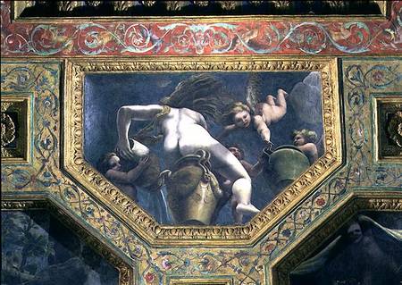 A nymph pouring water from an urn aided by putti, ceiling caisson from the Sala di Amore e Psiche a Giulio Romano