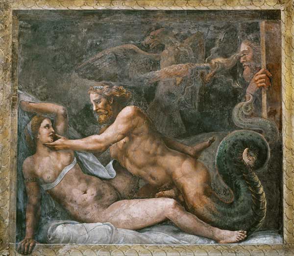 Olympia is seduced by Jupiter, whose thunderbolt is seized by an eagle who drills the eye of the jea a Giulio Romano