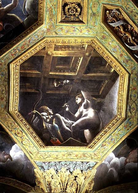 Psyche sees Cupid while he sleeps, ceiling caisson from the Sala di Amore e Psiche a Giulio Romano