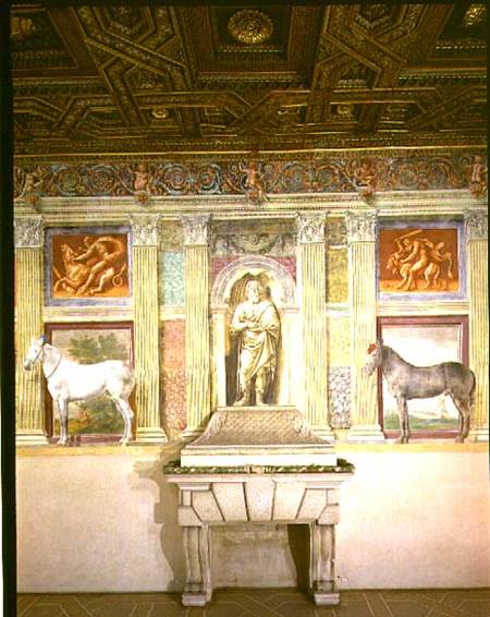 Sala dei Cavalli with trompe l'oeil portraits of two horses, the god Jupiter and imitation bronze pa a Giulio Romano