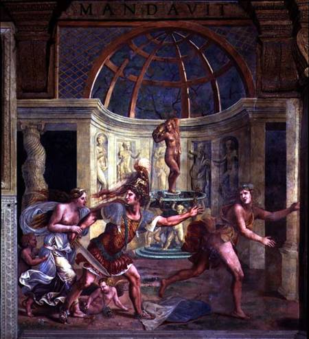 Venus, whose pricked foot stains the petals of a rose red, with Mars who pursues Adonis with an unsh a Giulio Romano